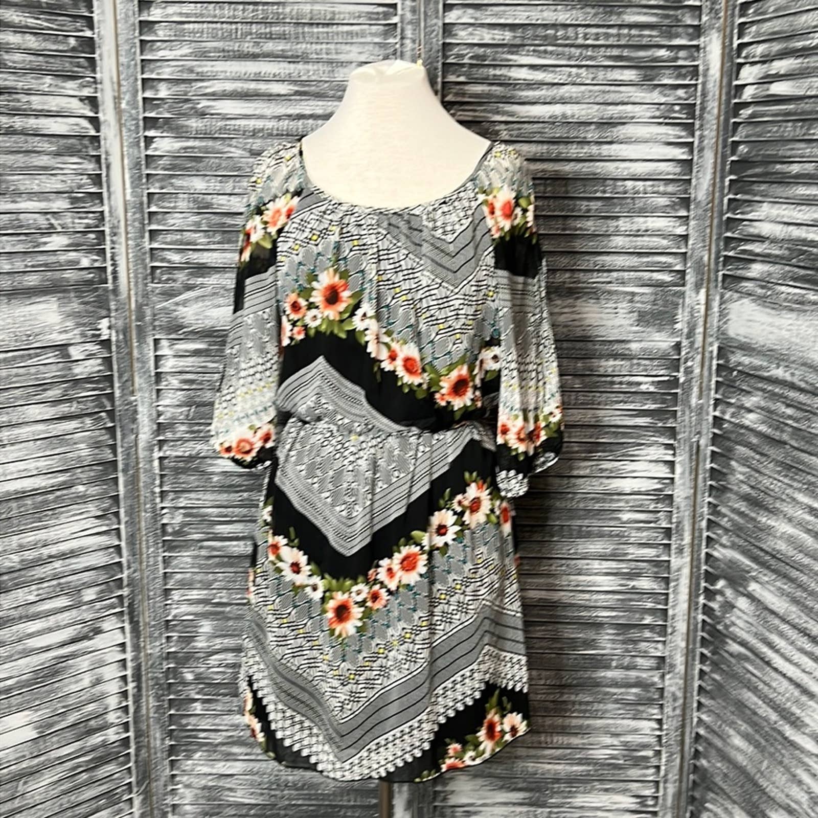 Enfocus Studio Floral Print Tie Waist Dress With Slit 3/4 Length Sleeves